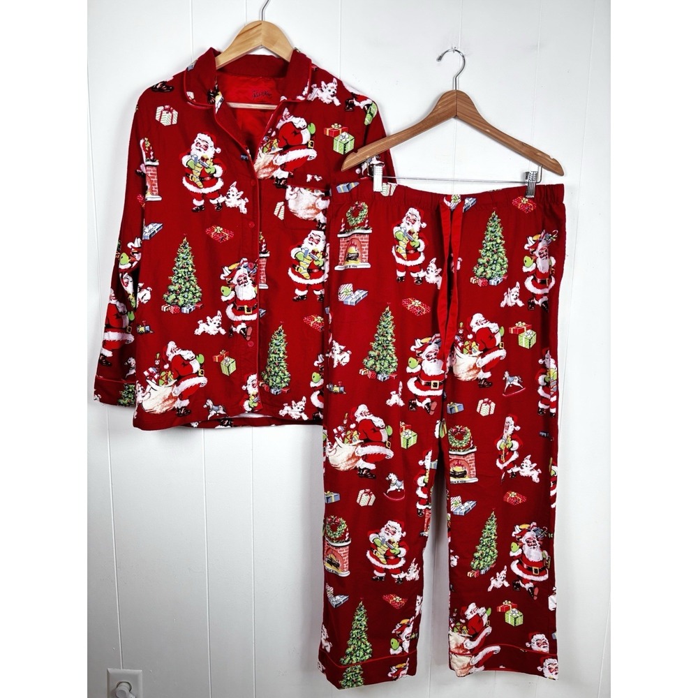 Nick & Nora Women's Size Large Red Flannel Christmas Santa Pajama 2PC Set
